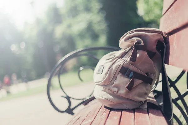 Hipster Backpack Sunset Background Tourist Traveler Bag — Stock fotografie