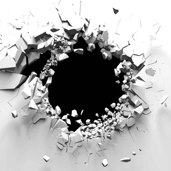Exploding wall with free area on center. Dark destruction cracked hole in white stone wall. 3d render illustration