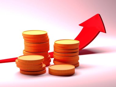 Coins with red growing arrow. 3d rendering