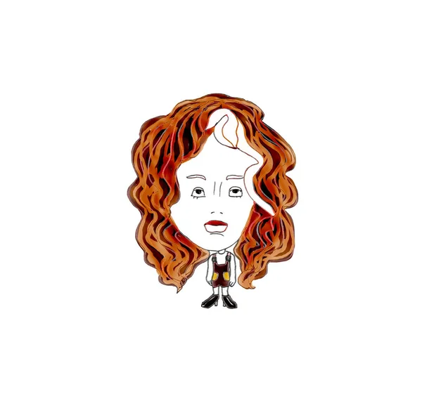 Uzun Kıvırcık Saçlı Kırmızı Dudaklı Çizgi Film Kızı — Stok fotoğraf
