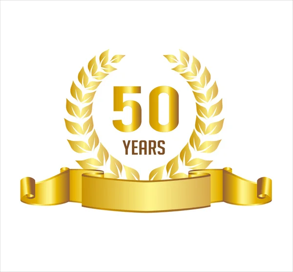 Golden 50 Years Anniversary With Laurel Wreath Ribbon — Stock Vector