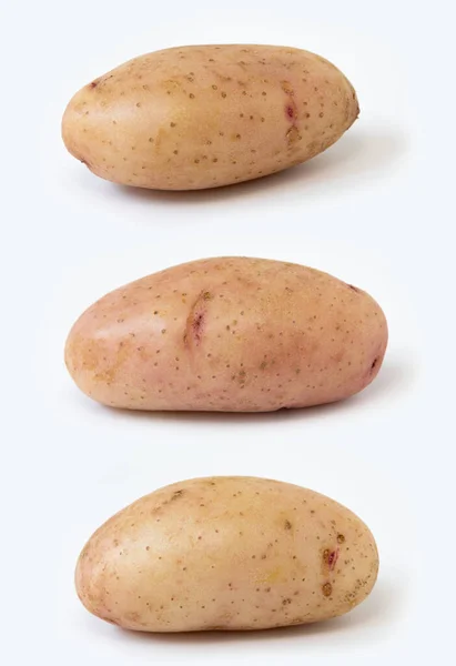 Kartoffelstapel Isoliert Auf Weißem Hintergrund Drei Rote Kartoffeln Seitenansicht — Stockfoto