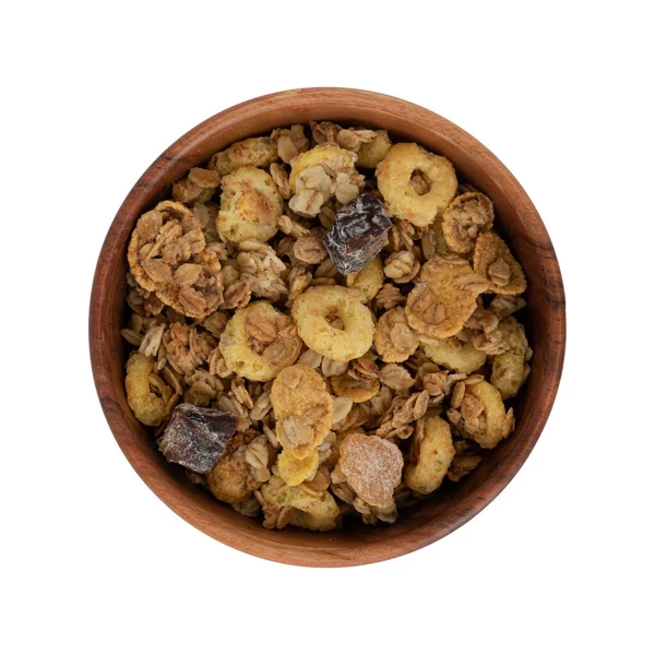 Tazón Madera Con Cereales Granola Orgánica Muesli Grano Entero Aislado — Foto de Stock