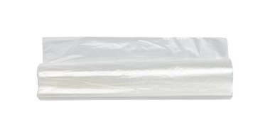 Beyaz arka planda izole edilmiş şeffaf ambalaj poşetleri, yiyecek poşetlerinde paketlemek için polipropilen veya polietilen rulo, plastik film paketleme, plastik fırın pişirme poşetleri