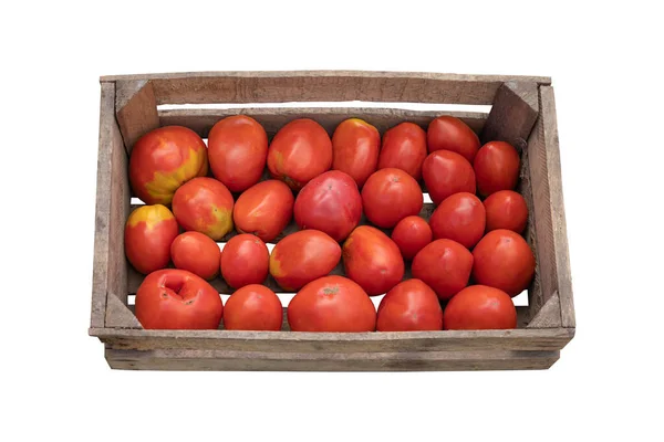 Tomat Merah Peti Kayu Yang Terisolasi Latar Belakang Putih Tomat — Stok Foto