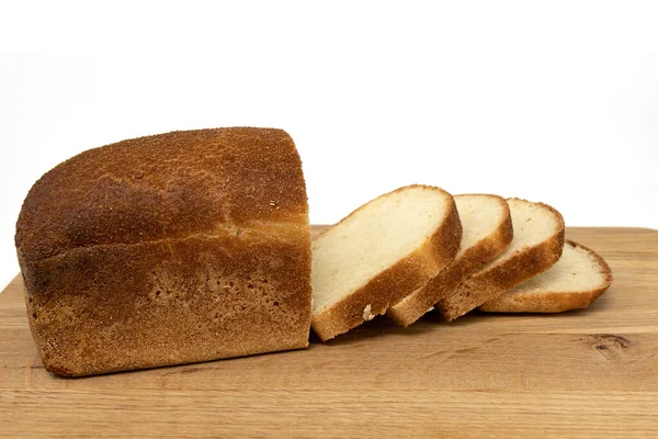 Fresh Bread Slice Wooden Table Delicious Loaf Grain Bread Side — Stock Photo, Image