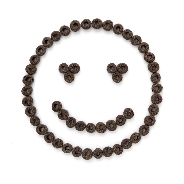 Τραγανά Δαχτυλίδια Δημητριακών Πρωινό Σχήμα Χαμογελαστού Προσώπου Λευκό Φόντο Έννοια — Φωτογραφία Αρχείου