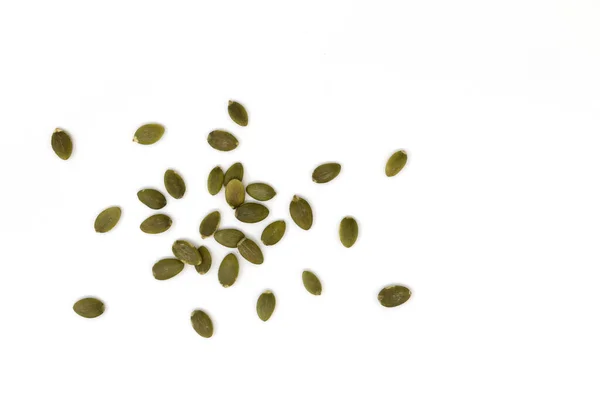 Heap Green Pumpkin Seeds Isolated White Background Scattered Raw Peeled — Stock Photo, Image