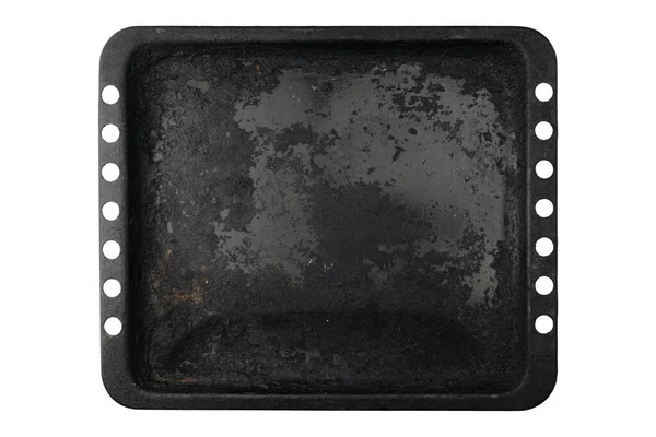 黑色旧烘焙纸 白色背景隔离 非常古老的烘焙盘 顶部视图 — 图库照片