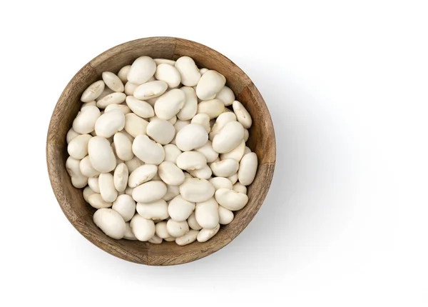 White Kidney Beans Wooden Bowl Isolated White Background Top View — Foto Stock