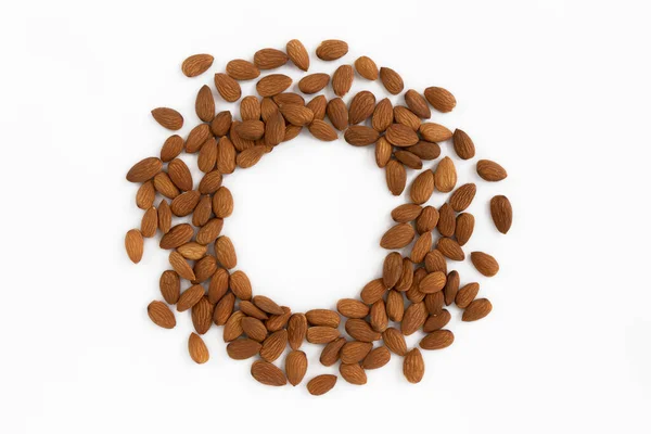 Circle Frame Peeled Almond Nuts Copy Space Text Isolated White — Photo