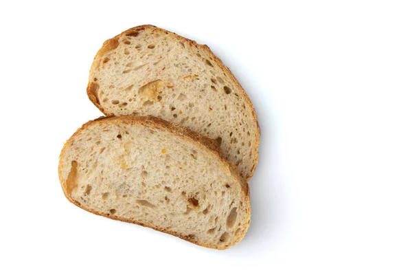 Twee Plakjes Tarwebrood Met Lege Ruimte Voor Tekst Geïsoleerd Witte — Stockfoto