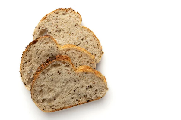 Τρεις Φέτες Ψωμί Σιταριού Απομονωμένο Λευκό Φόντο Φρέσκο Ψωμί Σπόρους — Φωτογραφία Αρχείου