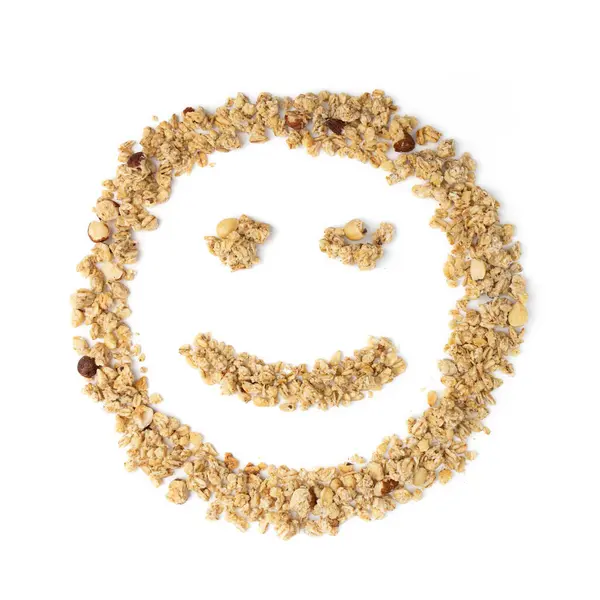 Desayuno Granola Crujiente Forma Cara Sonriente Sobre Fondo Blanco Alimentación — Foto de Stock