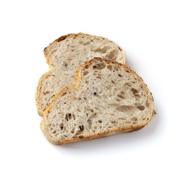 白背景的两片麦片面包 带有种子和亚麻布的新鲜面包 上视图 — 图库照片