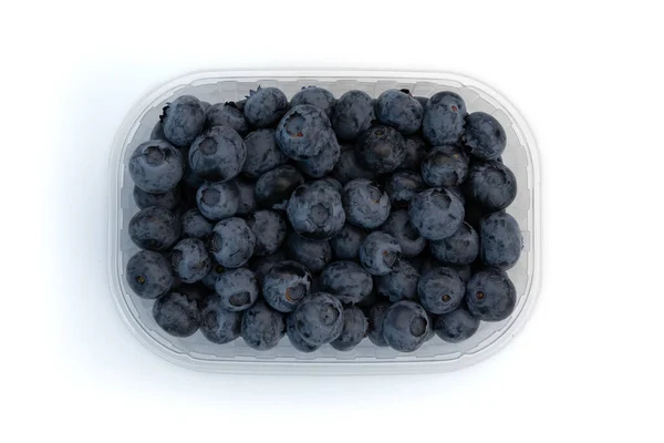 新鲜蓝莓 塑料盒容器 白色背景隔离 顶部视图 — 图库照片
