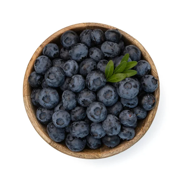 Fresh Blueberries Green Leaf Wooden Bowl Isolated White Background Top — Stock Photo, Image