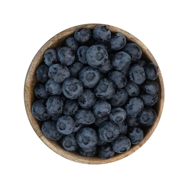 Fresh Blueberries Wooden Bowl Isolated White Background Top View — 图库照片