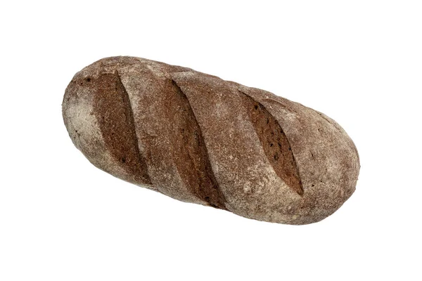 纯天然新鲜烘焙的传统黑麦面包 白色背景 顶部视图 全片带有脆皮的农村有机谷物面包 — 图库照片
