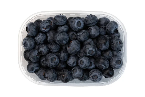 Fresh Blueberries Plastic Box Container Isolated White Background Top View — Stockfoto