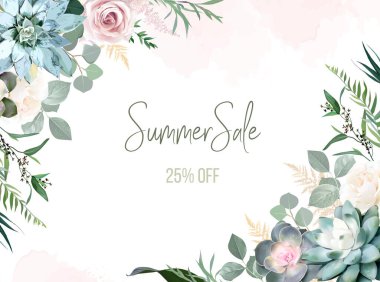 Yeşillik, pembe gül çiçekleri, echeveria sulu vektör tasarımı davetiye çerçevesi