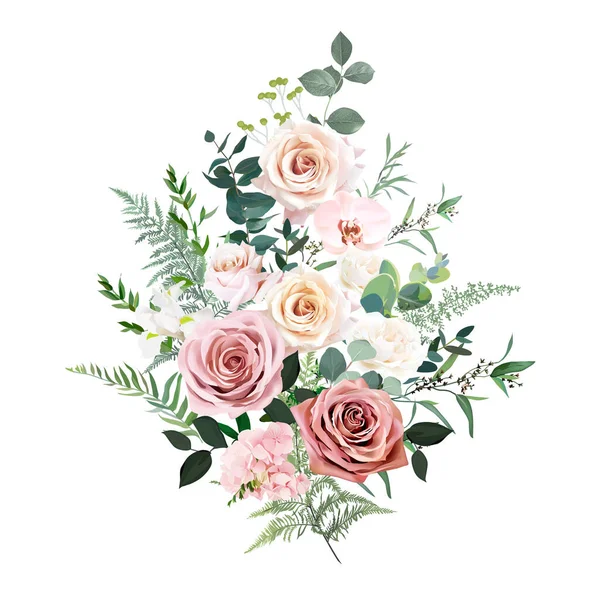 ほこりっぽいピンクとクリームのバラ アジサイの花 ランキュラスベクトルのデザインの結婚式の花束 ユーカリ 花柄パステル水彩スタイル 春の花束 要素は隔離および編集可能です — ストックベクタ