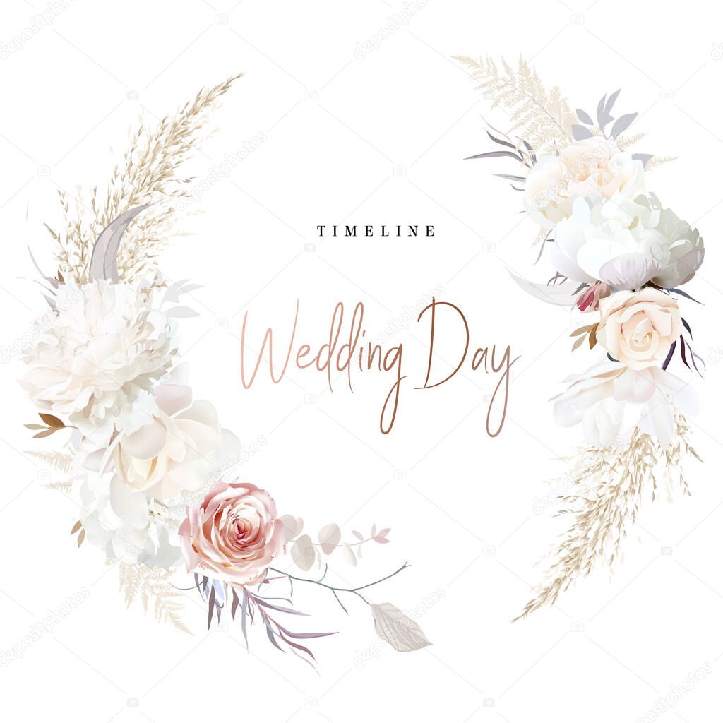 Luxurious beige and blush trendy vector design round frame. Pastel pampas grass, ivory peony, creamy magnolia, dusty rose, silver dried leaves. Wedding card template.Elements are isolated and editable