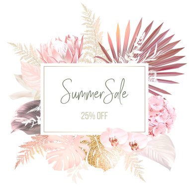 Moda olmuş palmiye yaprakları, pembe protea, orkide, pampa otu, altın canavar eğreltiotu,