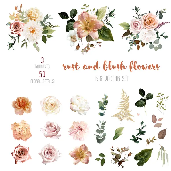 Zardzewiałe pomarańczowo-różowe antyczne róże, beżowe i blade kwiaty, kremowa dahlia — Wektor stockowy