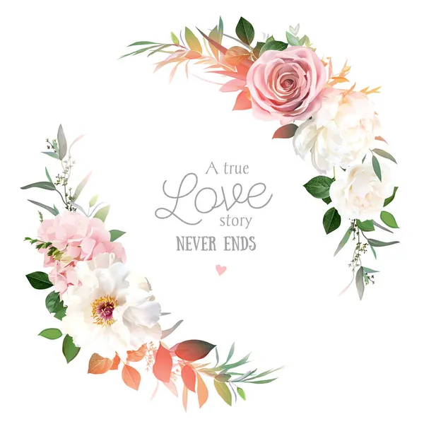 Blush pink roses, hydrangea, ivory peony vector design invitation frame — Stock Vector
