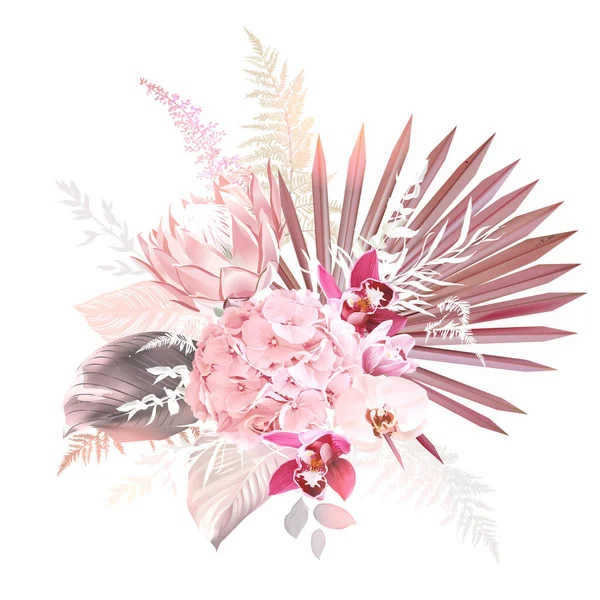 Trendy gedroogde palmbladeren, bleke protea, kastanjebruine orchidee, blozen roze hortensia — Stockvector