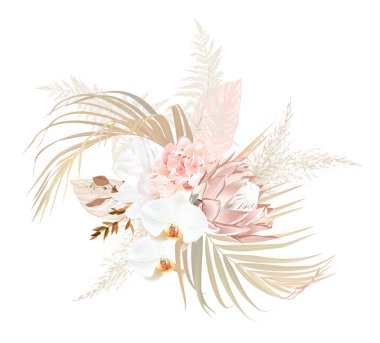 Moda olmuş kuru palmiye yaprakları, kızarık pembe gül, soluk protea, beyaz orkide, manolya