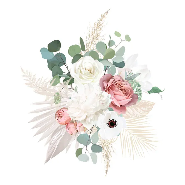 Rosa arrossire giardino rose, anemone, peonia, fiori di magnolia vector design bouquet. — Vettoriale Stock