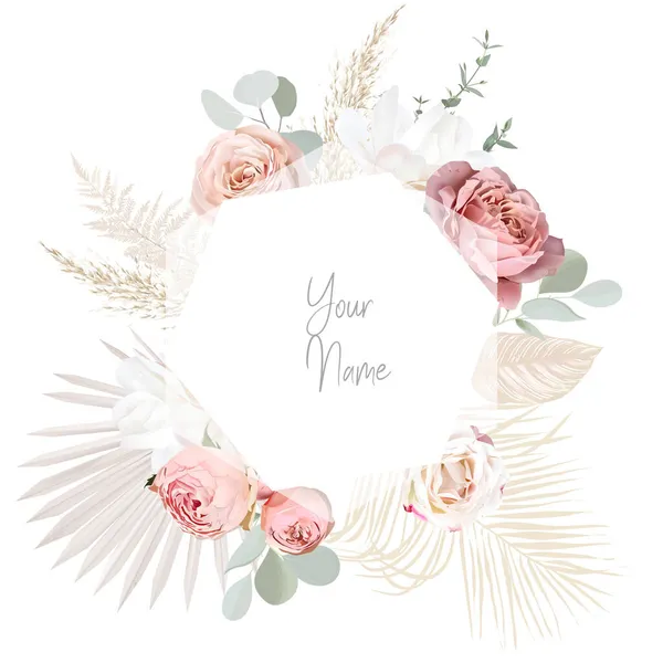 Rosas rosadas y blancas del jardín, hojas secas, eucalipto vector diseño invitación marco — Vector de stock