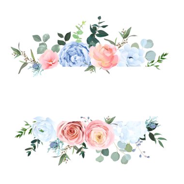 Tozlu mavi ve şeftali rengi gül, beyaz ortanca, ranunculus, okaliptüs, yeşillik