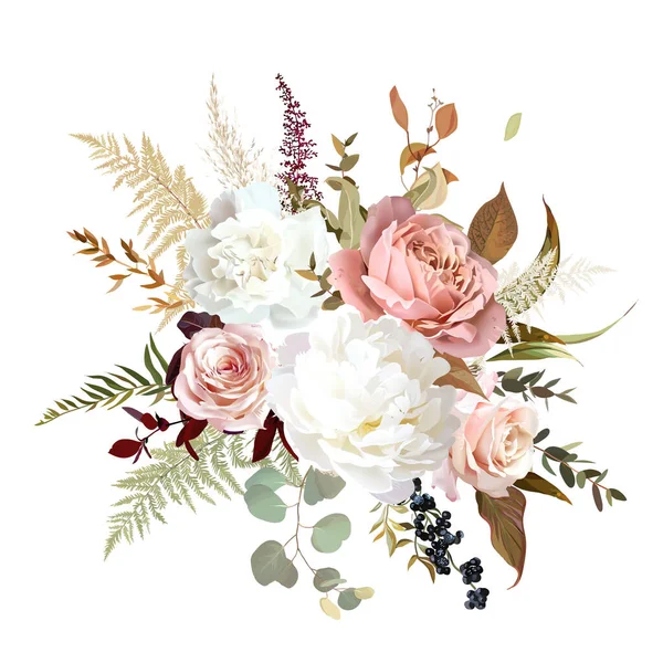 Μοντέρνο αποξηραμένα φύλλα, ρουζ ροζ τριαντάφυλλο, λευκό παιώνι και γαρύφαλλο, astilbe, πάμπας γρασίδι — Διανυσματικό Αρχείο