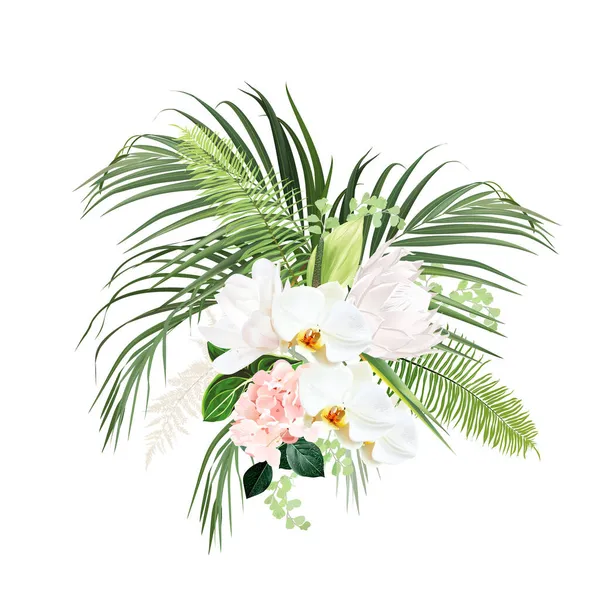 Flores tropicales y hojas diseño vectorial ramo — Vector de stock