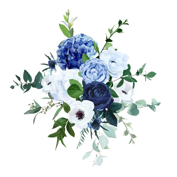 Klasyczny niebieski, granatowa róża ogrodowa, białe kwiaty hortensji, anemon, oset — Wektor stockowy