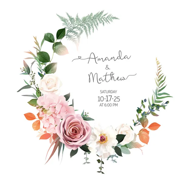 Blush roze rozen, hortensia, ivoor pioen vector ontwerp uitnodiging frame — Stockvector