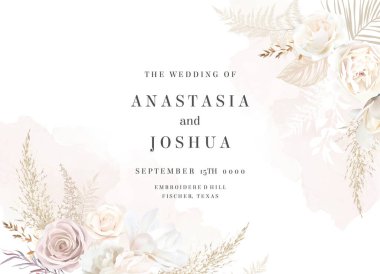 Modern bej ve kızarık moda vektör tasarımı çerçevesi. Pastel otlar, eğreltiotu, beyaz şakayık