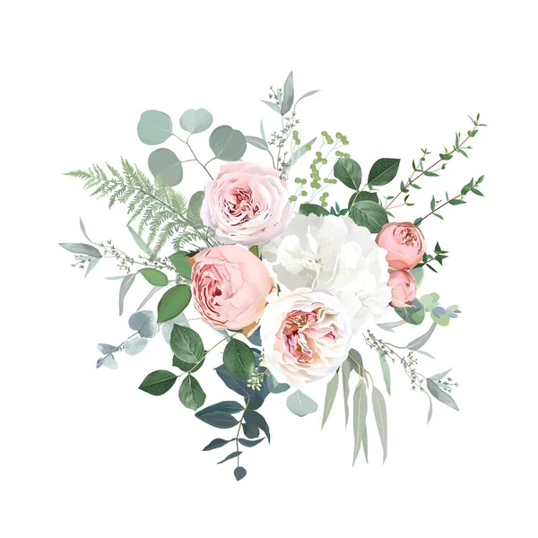 ピンクの庭のバラ、ランキュラス、アジサイの花ベクトルデザイン花束 — ストックベクタ