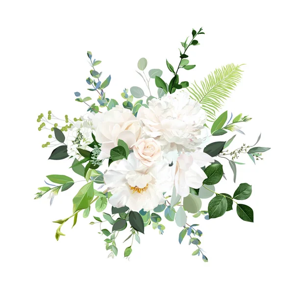 Классический белый пион, кремовая белая магнолия, бежевые розы и цветки ранункулуса — стоковый вектор