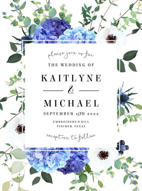 Yaz botanik vektör tasarım afişi. Açık mavi ve mor ortanca, beyaz şakayık.