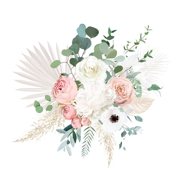 Rosa arrossire giardino rose, anemone, peonia, fiori di magnolia vector design bouquet — Vettoriale Stock