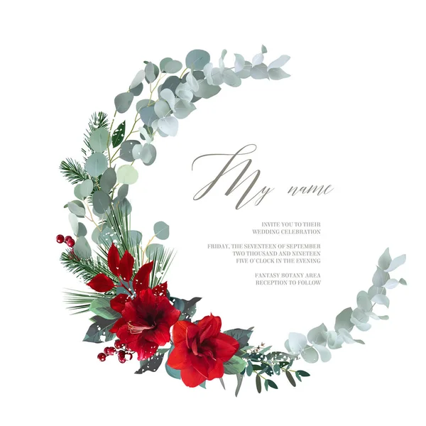 Kerst ronde krans met rode amaryllis, bes, eucalyptus, smaragd dennen, sneeuw textuur — Stockvector