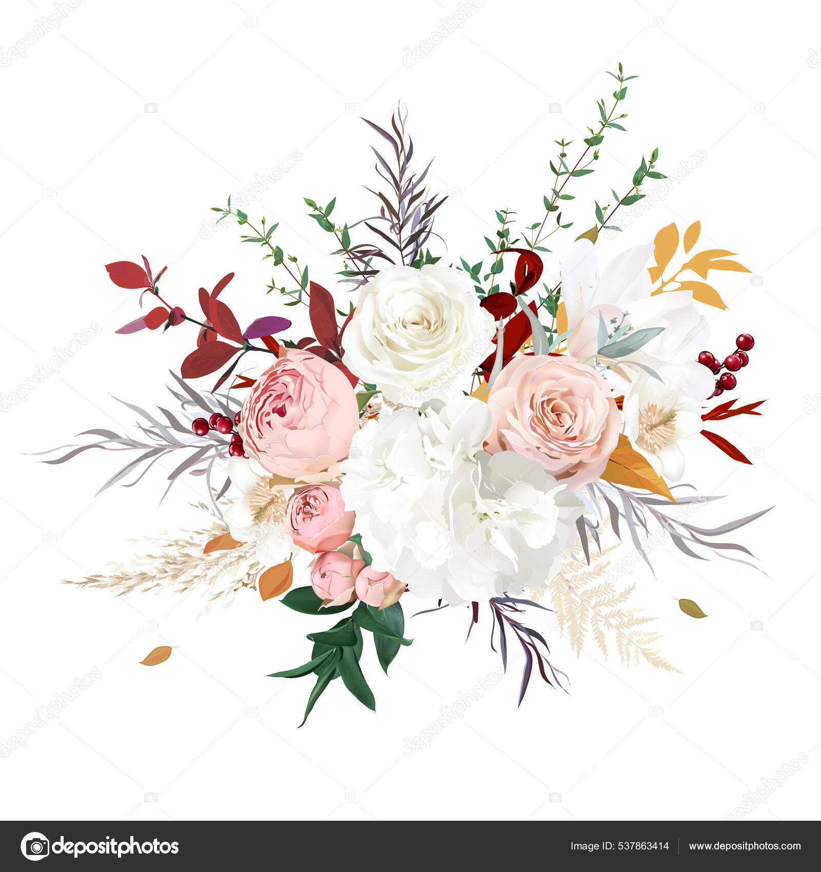 Naranja óxido, beige, rosa blanca, hojas de borgoña, hortensias, hierba de  pampas, magnolia vector, gráfico vectorial © lavendertime_ imagen #537863414