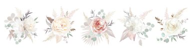 Ecru, beyaz, kızarık pembe gül, soluk ranunculus, tozlu manolya, ortanca, pampa otu