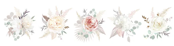 Ecru, white, red pink rose, pale ranunculus, dust sty magnolia, hydrangea, pampas grass — 图库矢量图片