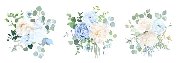 Dammigt blå, elfenbensbeige ros, vit hortensia, magnolia, pion, ranunkel — Stock vektor