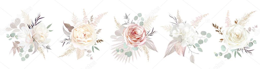Ecru, white, blush pink rose, pale ranunculus, dusty magnolia, hydrangea, pampas grass